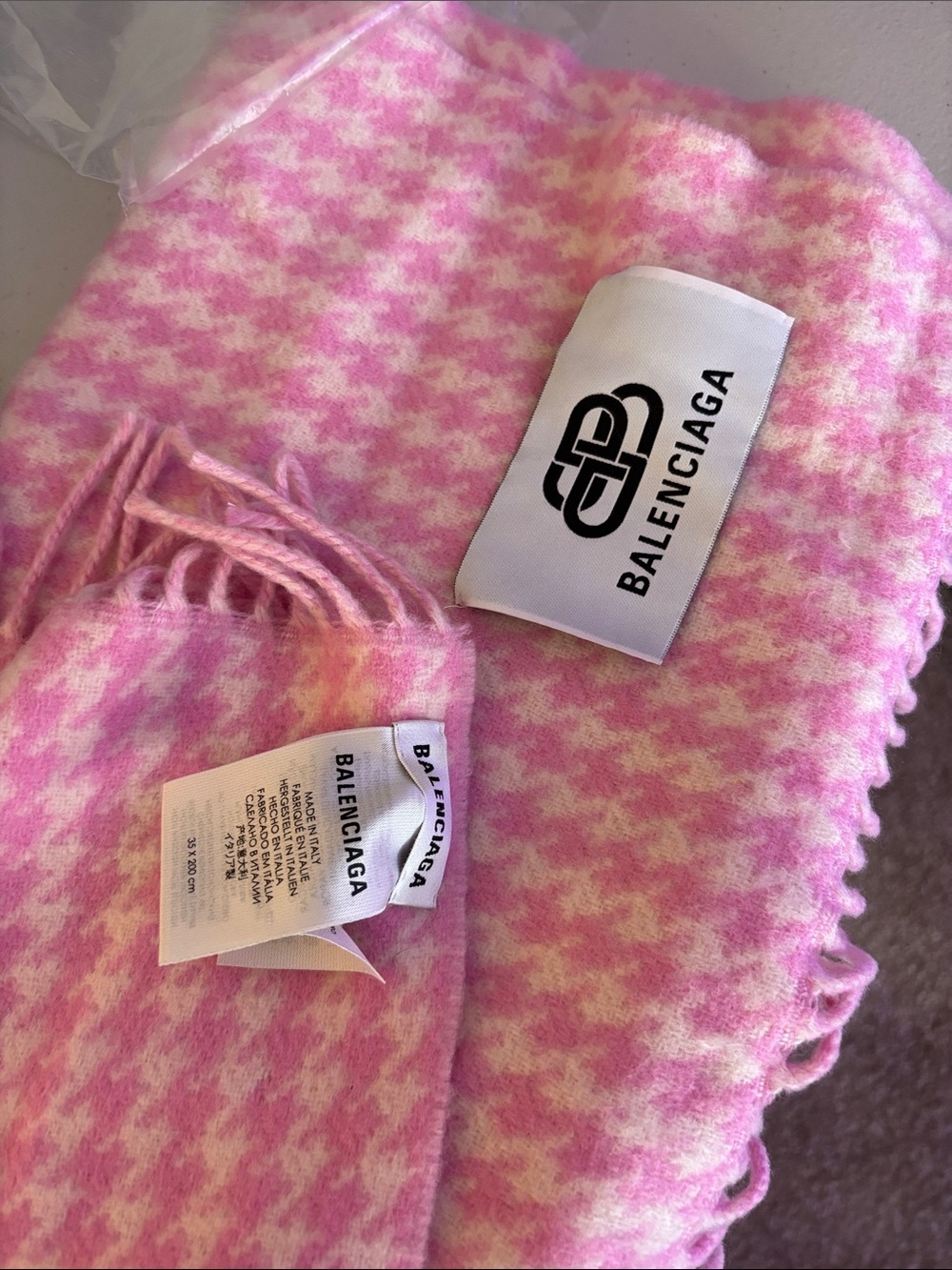 Balenciaga Pink Houndstooth Fringe Scarf Wrap